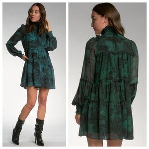 NWOT Saks Fifth Avenue Long Sleeve Babydoll Smocked Dress in Teal & Black Size S
